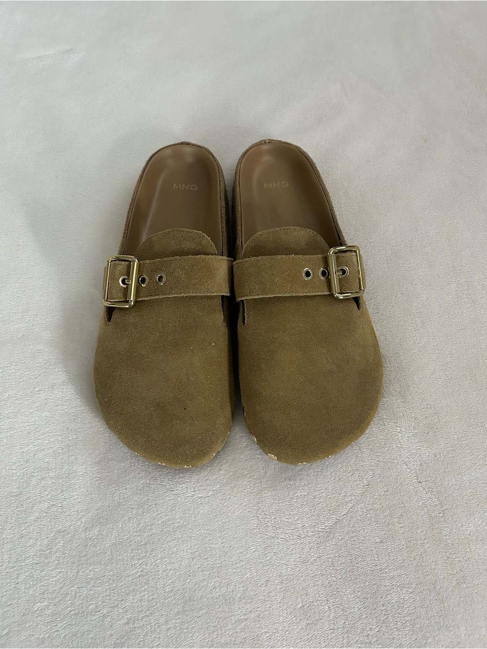 Mango Olive Brown Suede Slip-On Buckle Mules size 37 euro